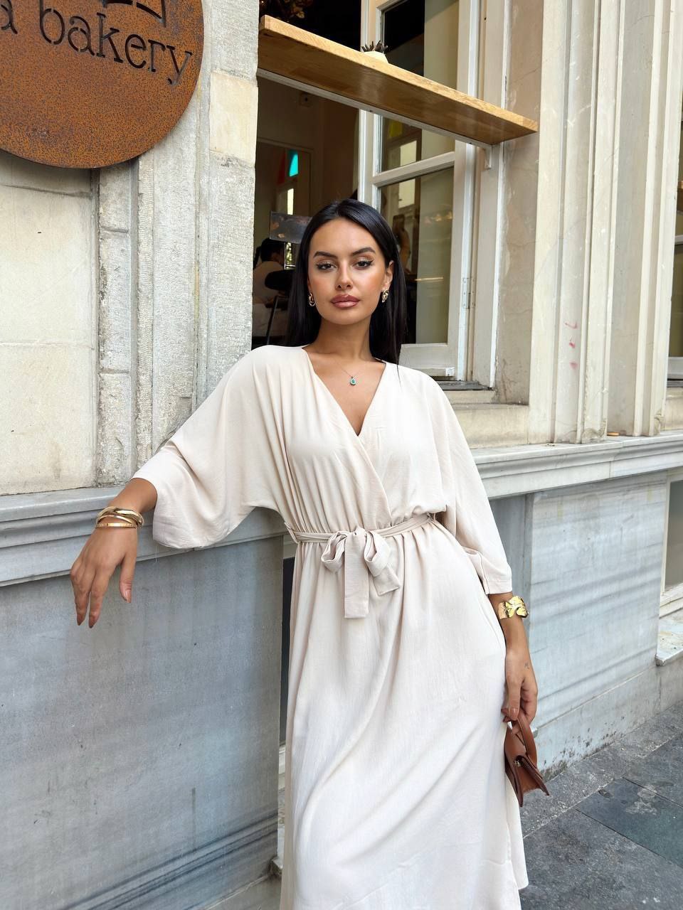 BEL BAĞLAMA DETAYLI KETEN ELBİSE