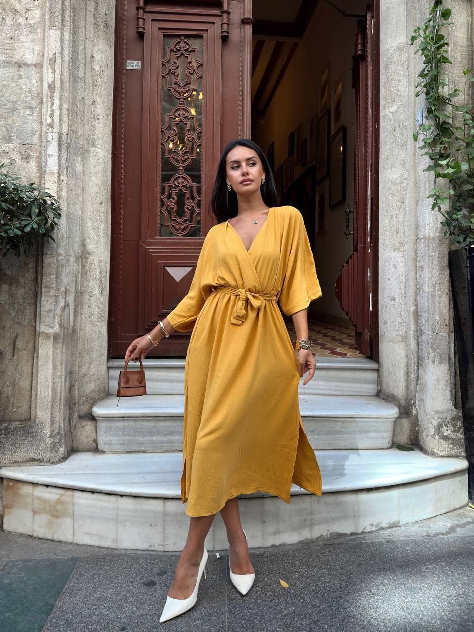 BEL BAĞLAMA DETAYLI KETEN ELBİSE