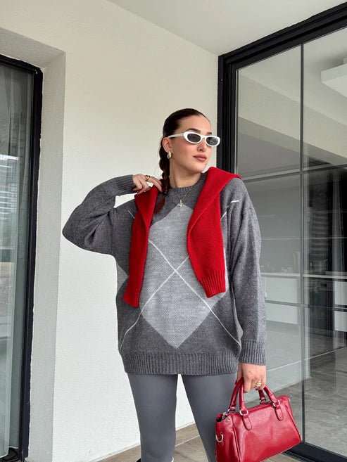 KLASİK BAKLAVA DESENLİ GRİ KAZAK