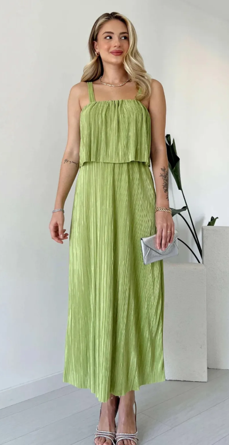 BELİ DÜĞÜM DETAYLI PİLİSELİ MİDİ ELBİSE