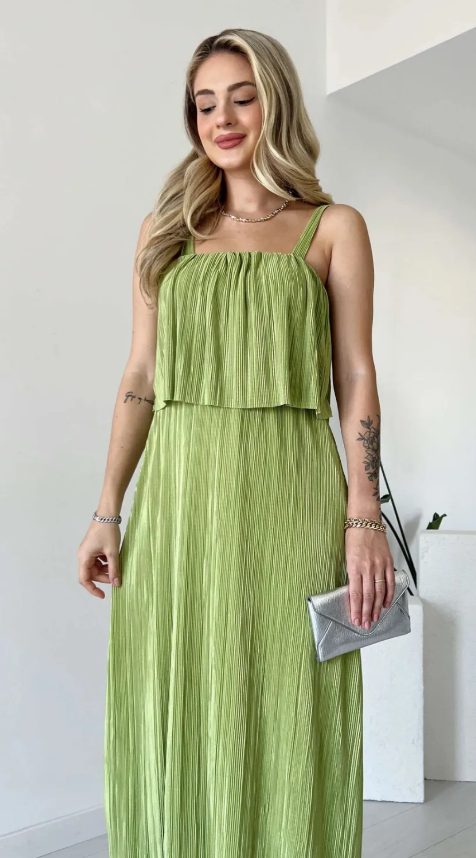 BELİ DÜĞÜM DETAYLI PİLİSELİ MİDİ ELBİSE