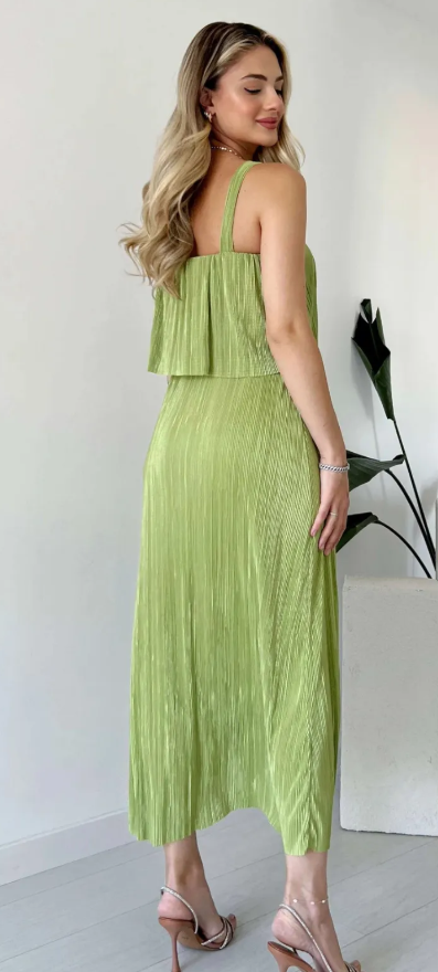 BELİ DÜĞÜM DETAYLI PİLİSELİ MİDİ ELBİSE