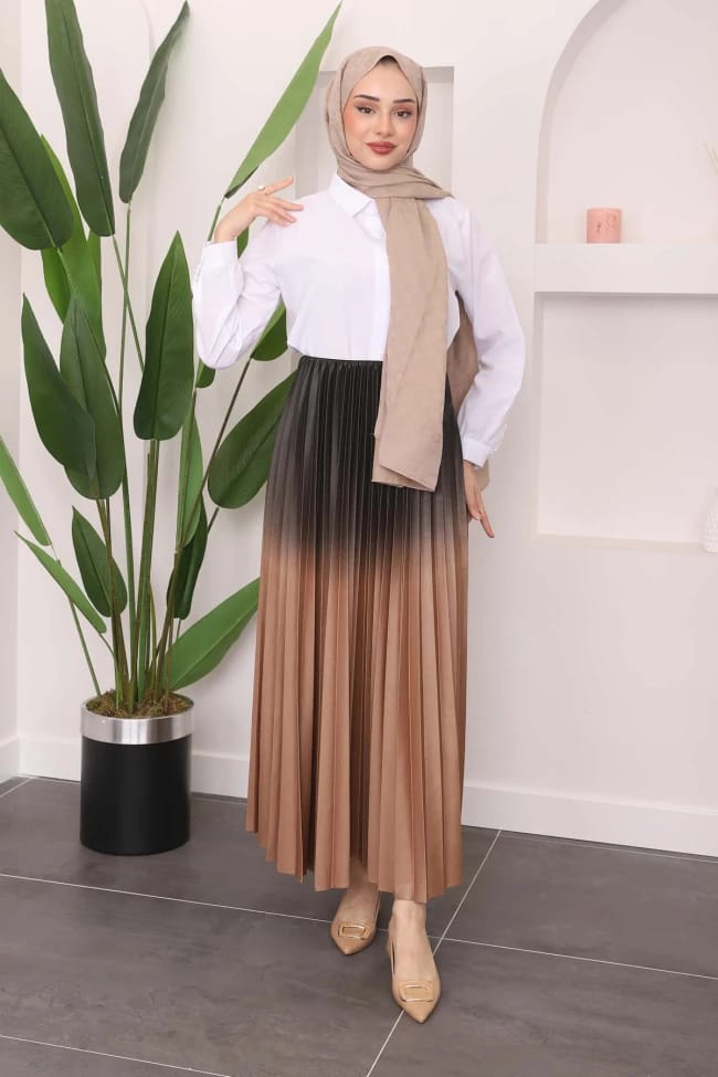 PİLELİ RENK DETAYLI UZUN ETEK