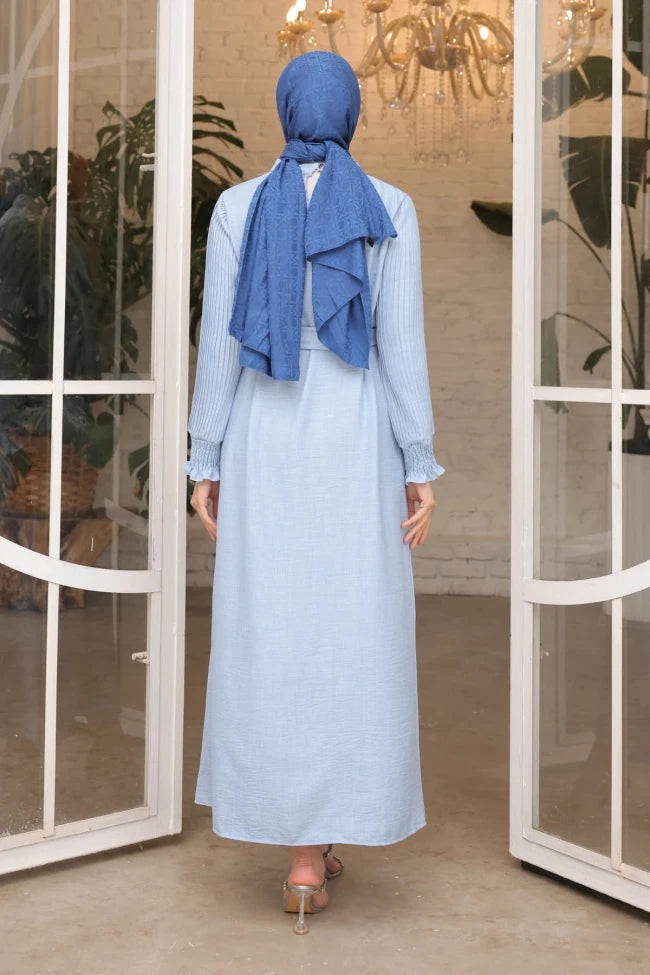 KOLLARI PİLİSELİ GİPELİ KUŞAKLI ELBİSE