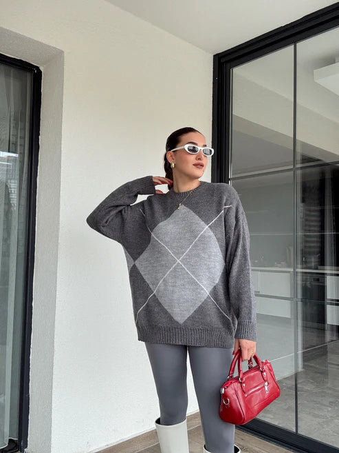 KLASİK BAKLAVA DESENLİ GRİ KAZAK