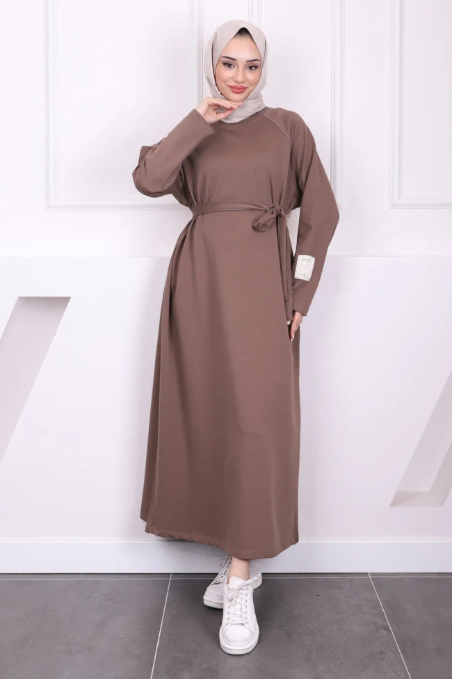 BEL KUŞAKLI BİSİKLET YAKA ELBİSE