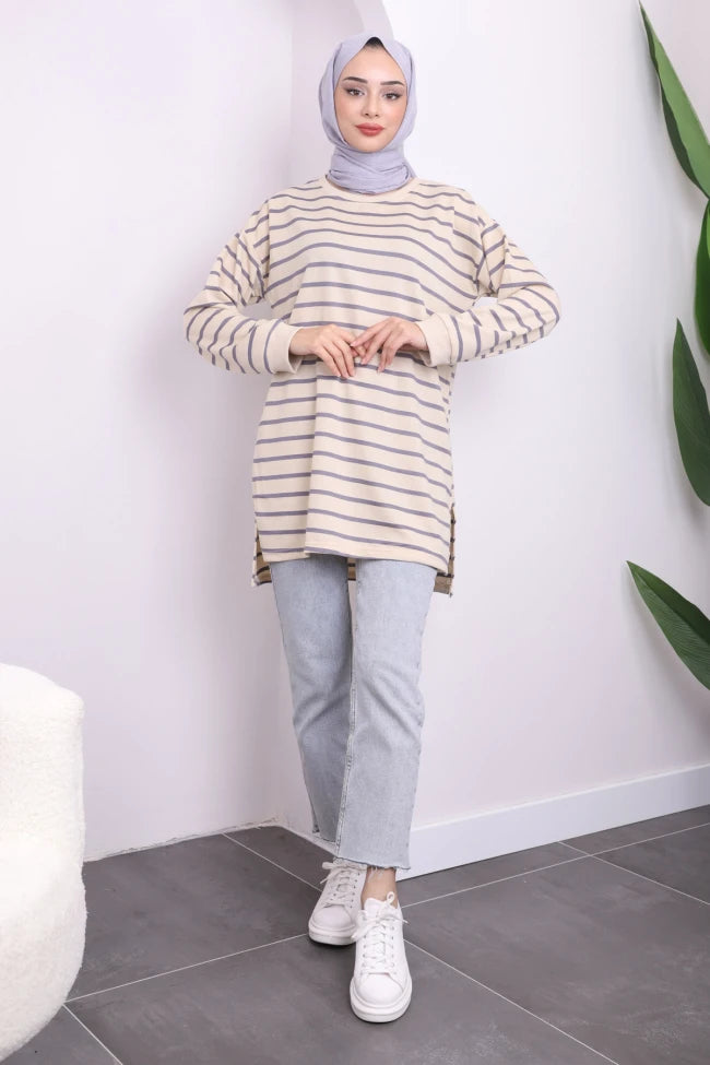 YANLARI YIRTMAÇLI ÇİZGİLİ TUNİK