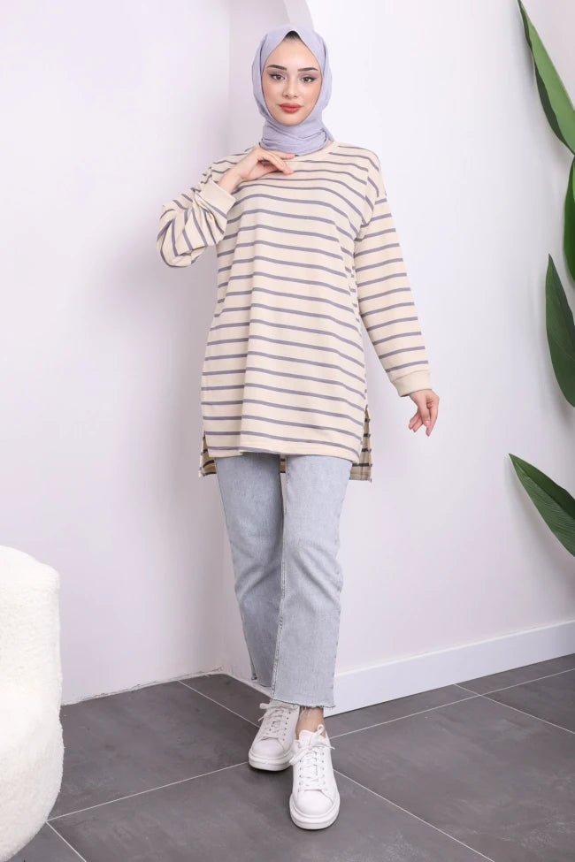 YANLARI YIRTMAÇLI ÇİZGİLİ TUNİK