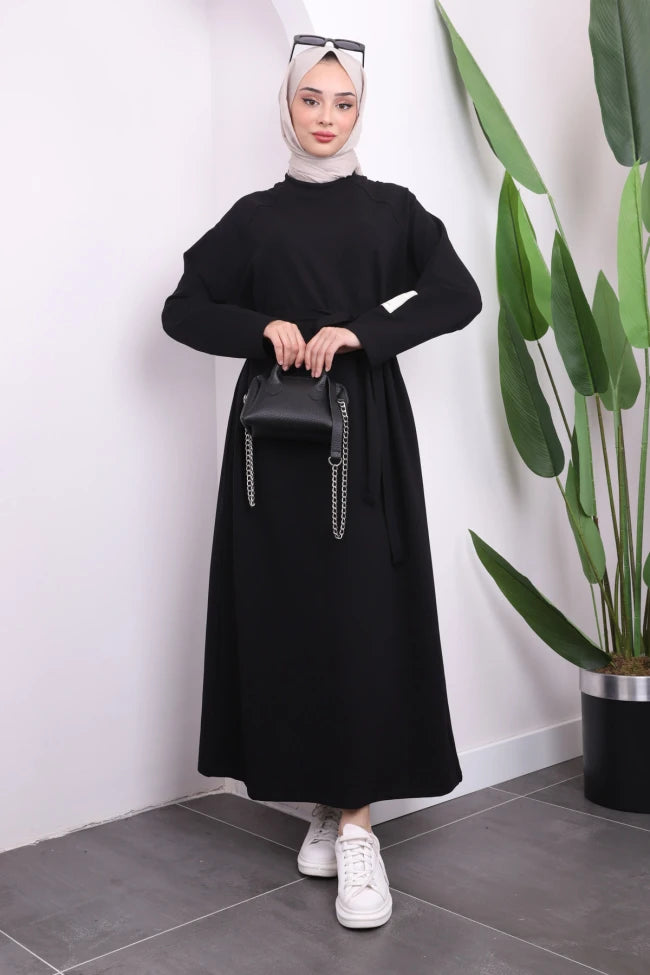 BEL KUŞAKLI BİSİKLET YAKA ELBİSE