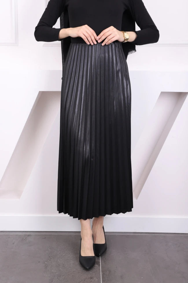 DERİ GÖRÜNÜMLÜ PİLİSELİ ETEK