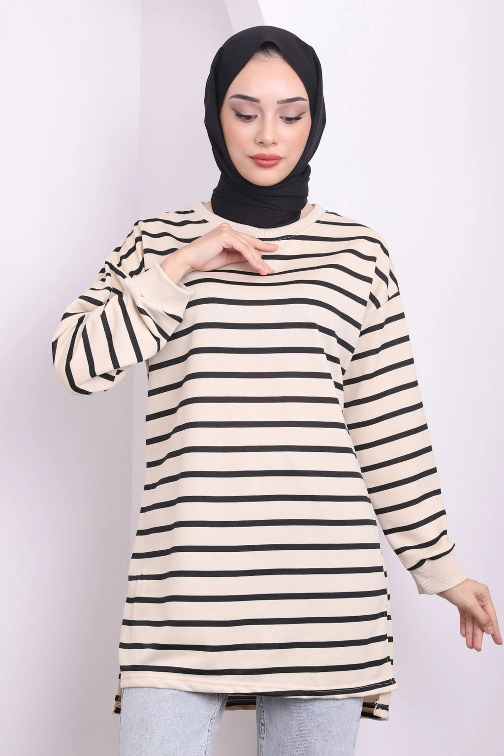 YANLARI YIRTMAÇLI ÇİZGİLİ TUNİK