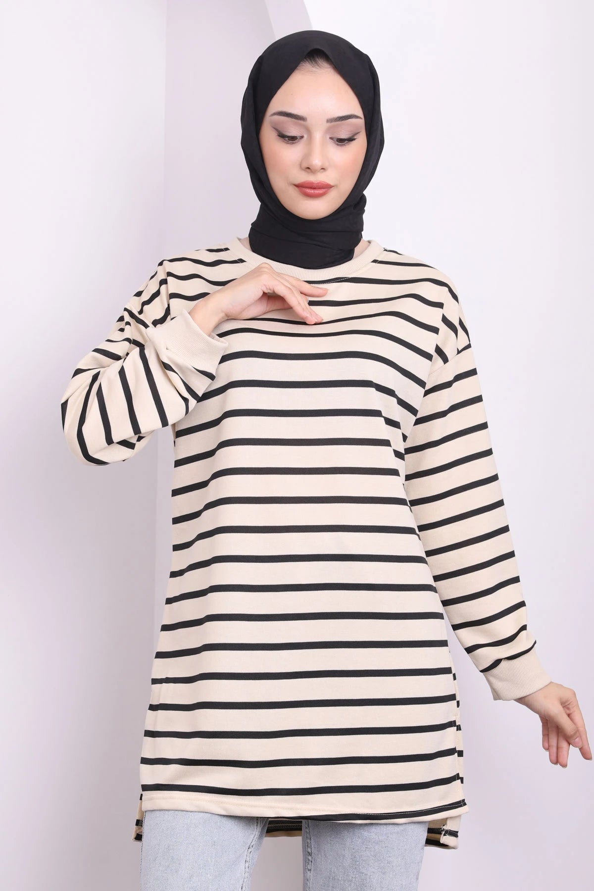 YANLARI YIRTMAÇLI ÇİZGİLİ TUNİK