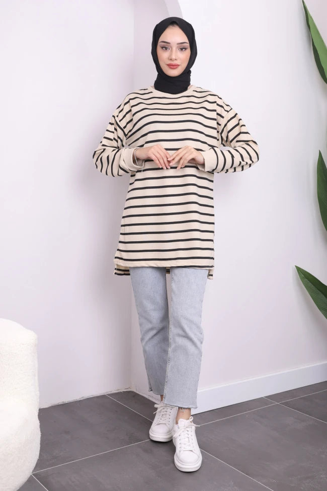 YANLARI YIRTMAÇLI ÇİZGİLİ TUNİK