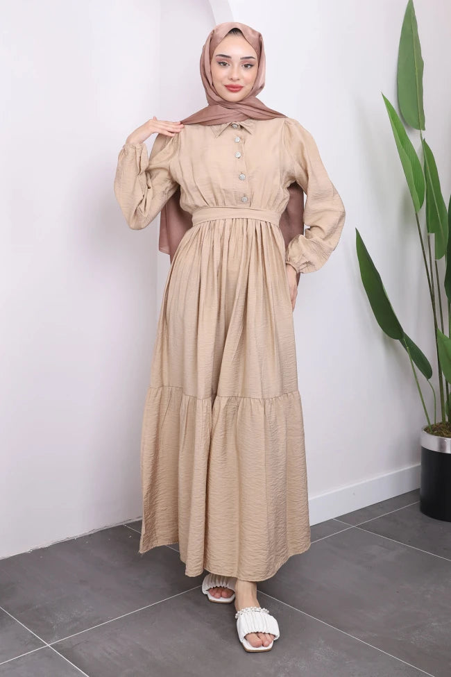 BEL BÜZGÜLÜ KETEN ELBİSE