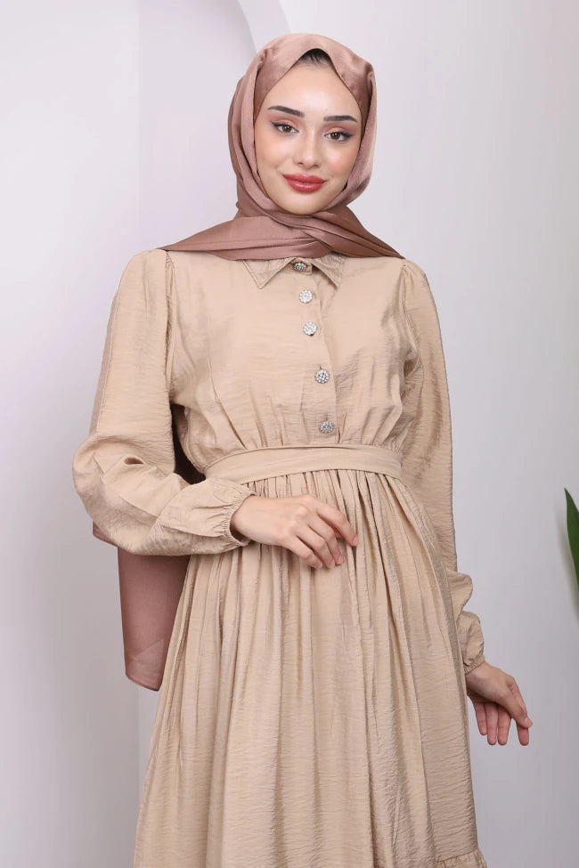 BEL BÜZGÜLÜ KETEN ELBİSE