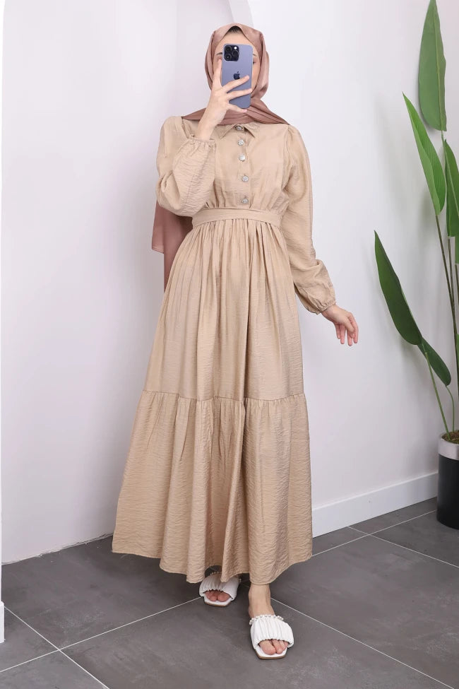 BEL BÜZGÜLÜ KETEN ELBİSE