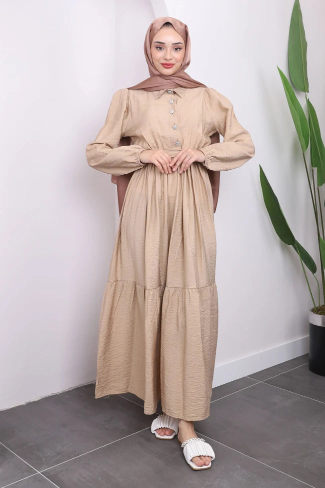 BEL BÜZGÜLÜ KETEN ELBİSE